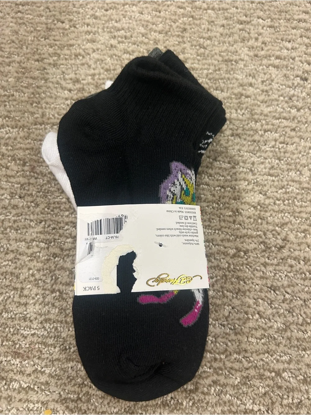 Ed Hardy White Crew Socks with Floral Logo Accents